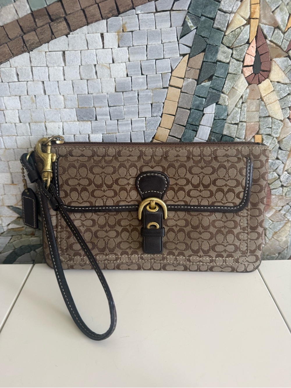 Coach Signature Canvas Wristlet in Brown with Dark Trim